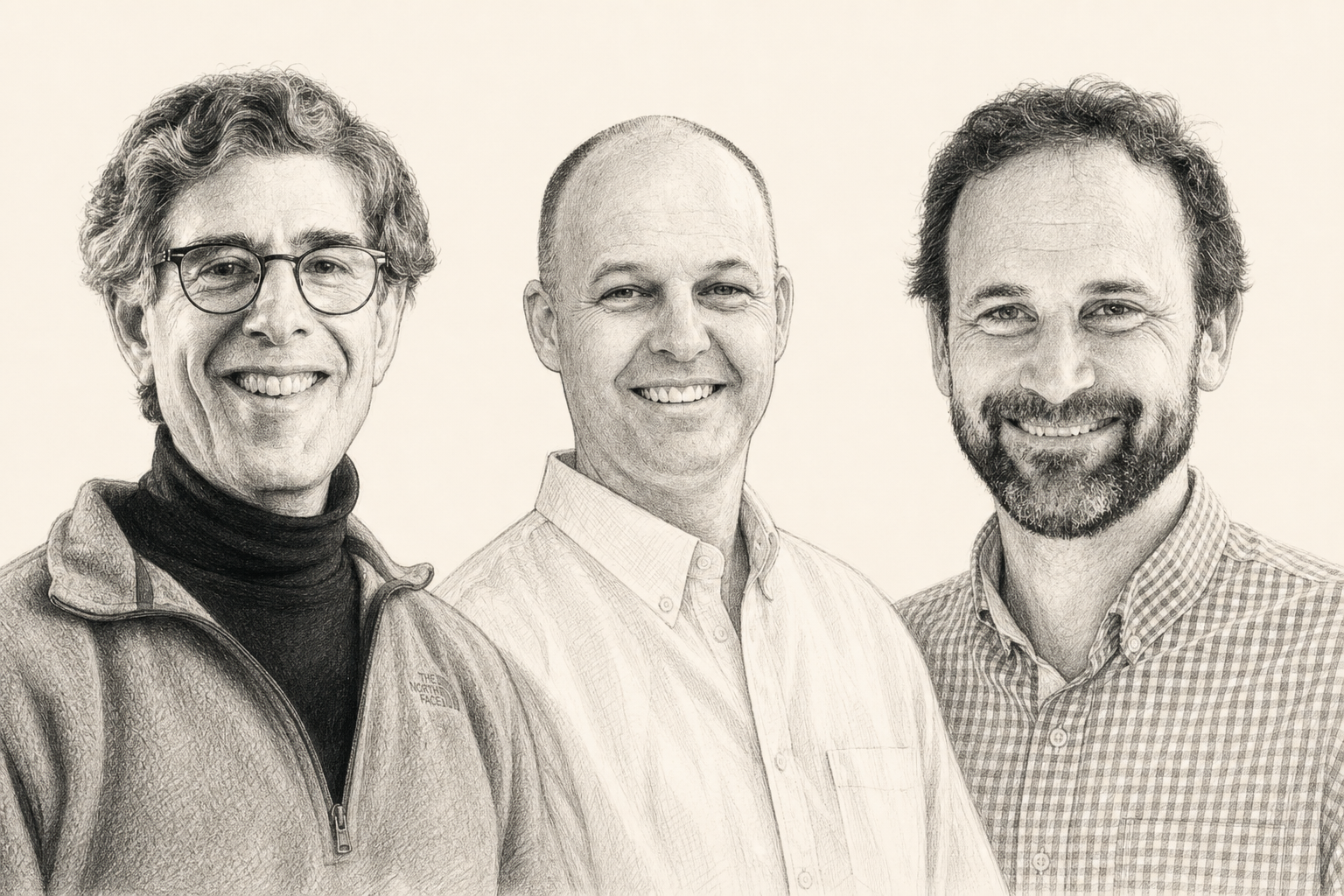 Charcoal portrait of Richard Davidson, Cortland Dahl, and Antoine Lutz