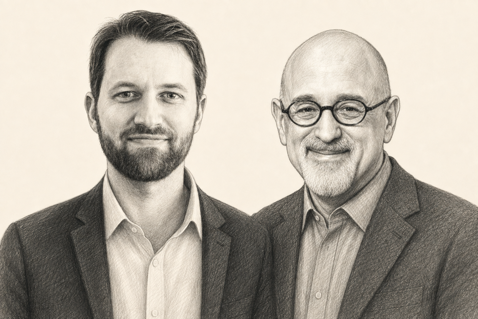 Charcoal portrait of Matthew Killingsworth and Daniel Gilbert