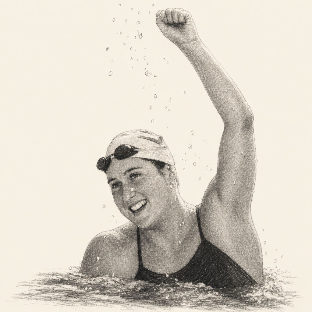 Charcoal portrait of Mary Meagher celebrating in the pool
