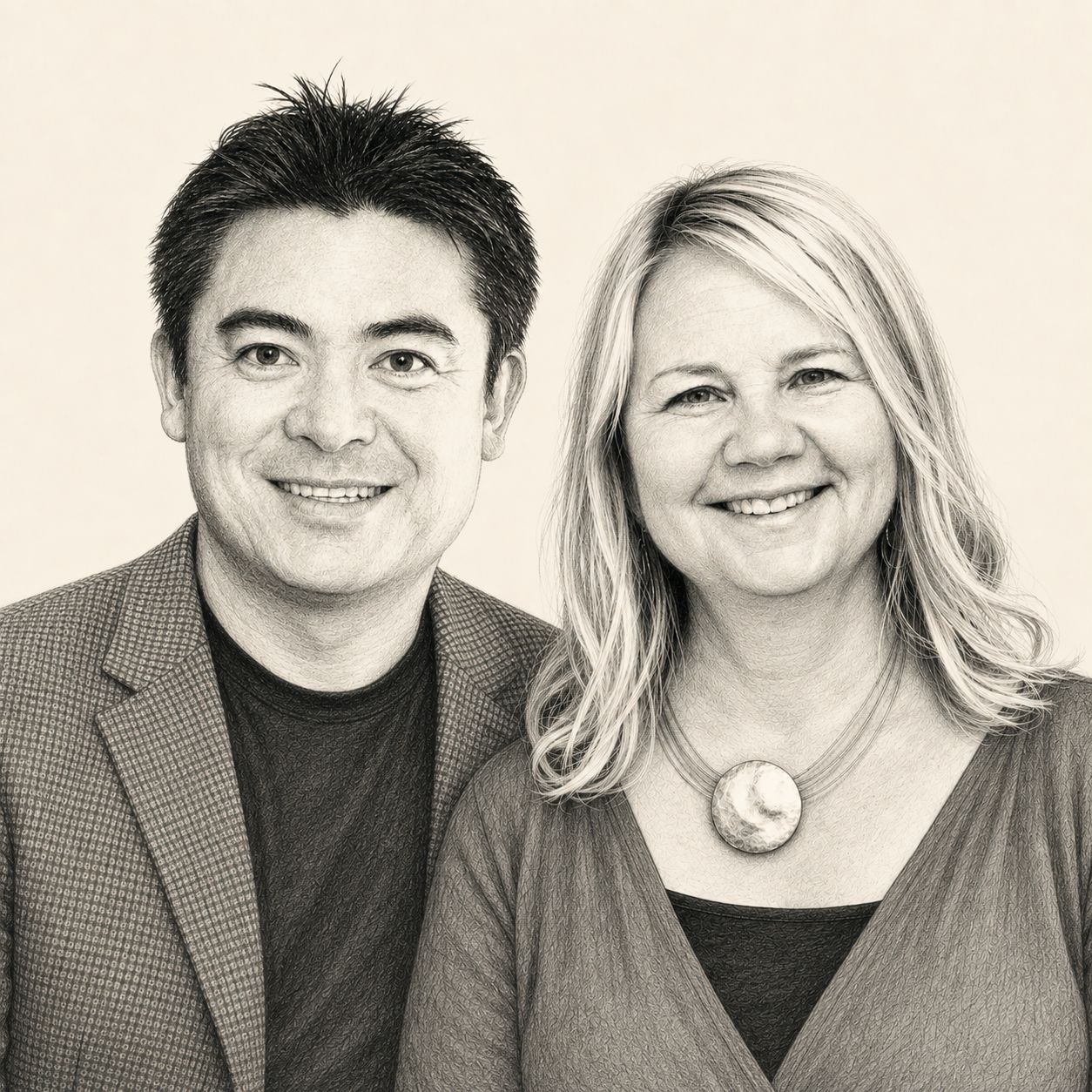 Charcoal portrait of Seiji Takaku and Julie Juola Exline