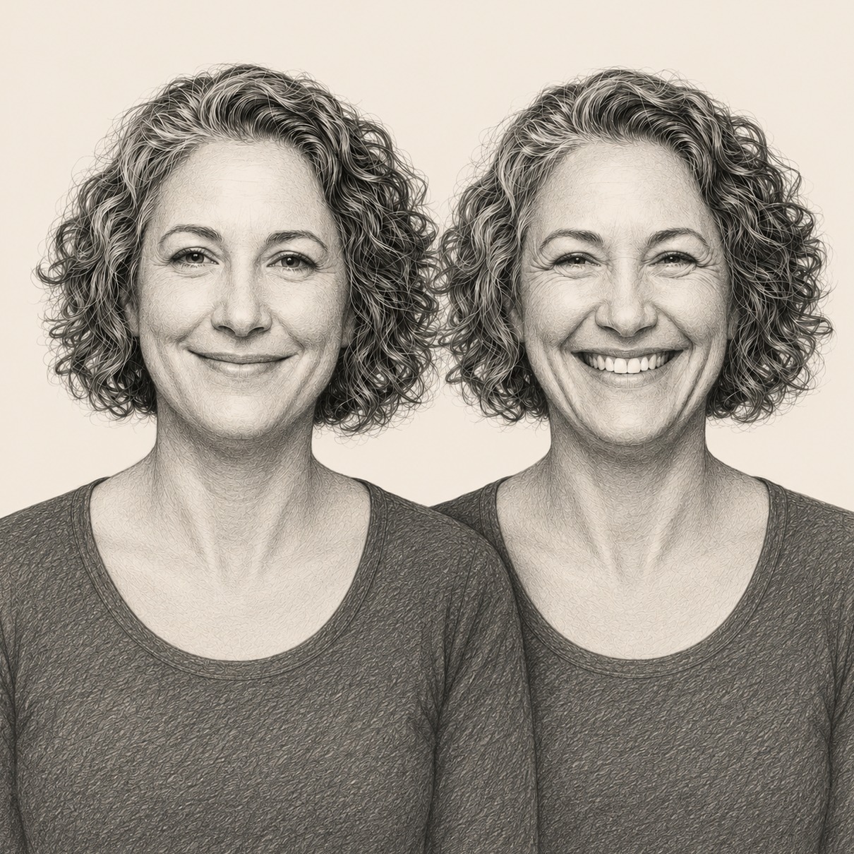 Two pencil drawings of the same woman, side by side. On the left the corners of her mouth are raised but her eyes and cheeks are unchanged. On the right she smiles broadly, her cheeks are raised, and the skin is gathered into creases around her eyes.